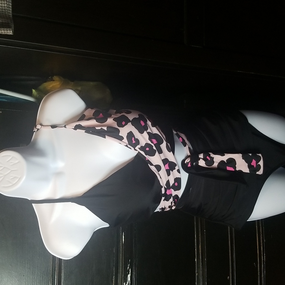 2tone Pink Leopard/Black Wrap Bikini Top Sz.XXL WHigh Waist Ruch Bottoms Sz.XL